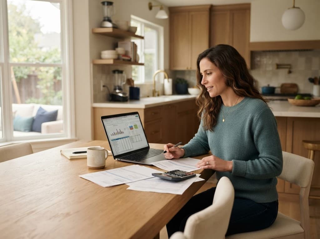 A self-employed borrower reviewing bank statements at a kitchen table