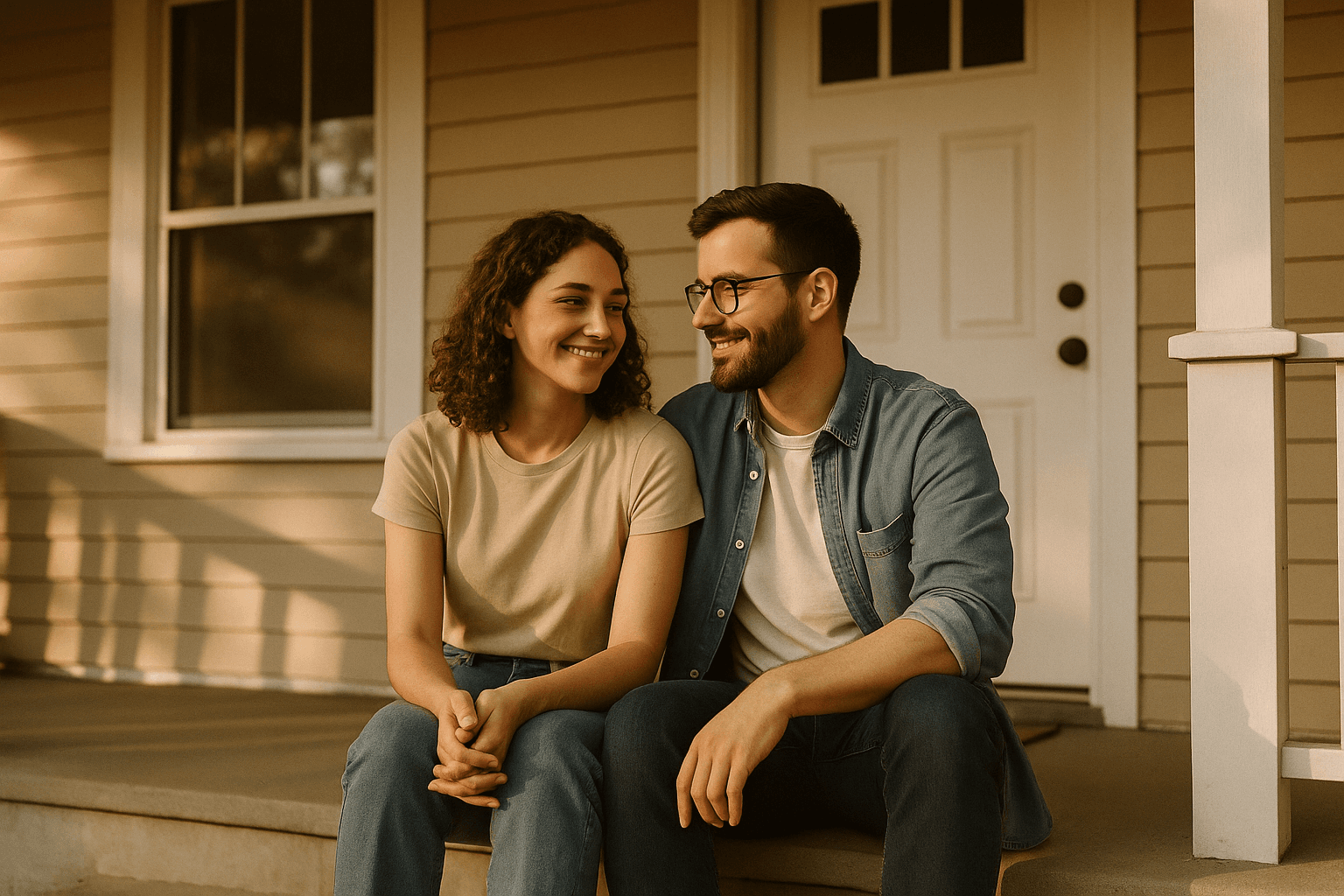 A relaxed young couple sits on the steps of their modest front porch, sharing a quiet smile as golden afternoon light gently warms the facade of their house.