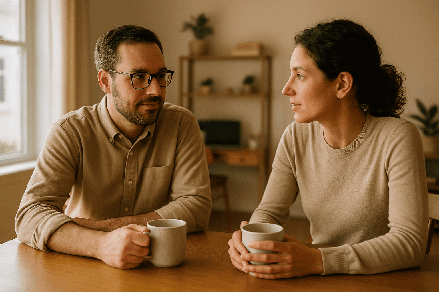 A small-business owner and a partner sit across a sunlit kitchen table, calmly talking and holding coffee mugs, with a tidy home office corner softly blurred in the background.